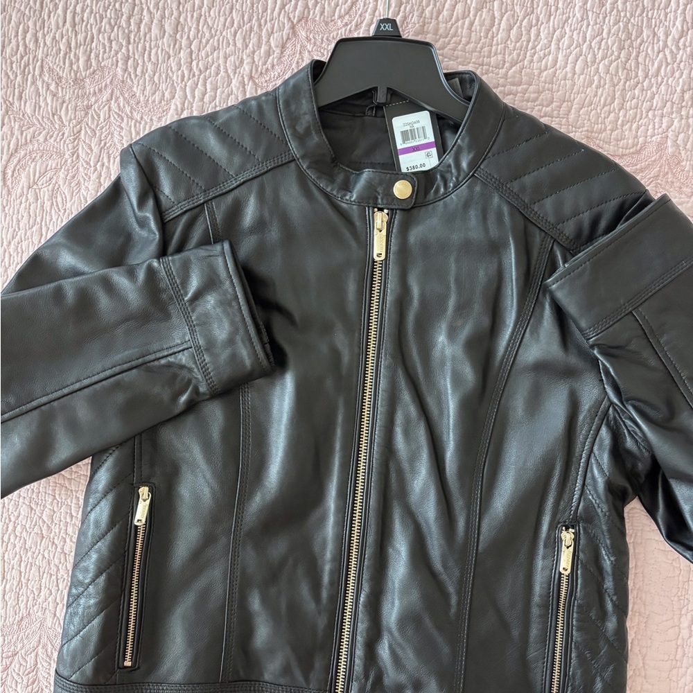 GUESS Black Leather Jacket with Gold Zipper